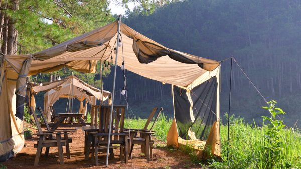 'Glamping What Is It?' Showing an example of glamping with a rustic campsite with tents surrounded by lush greenery and serene forest views.