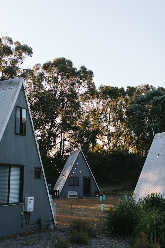 A-frame glamping structures.